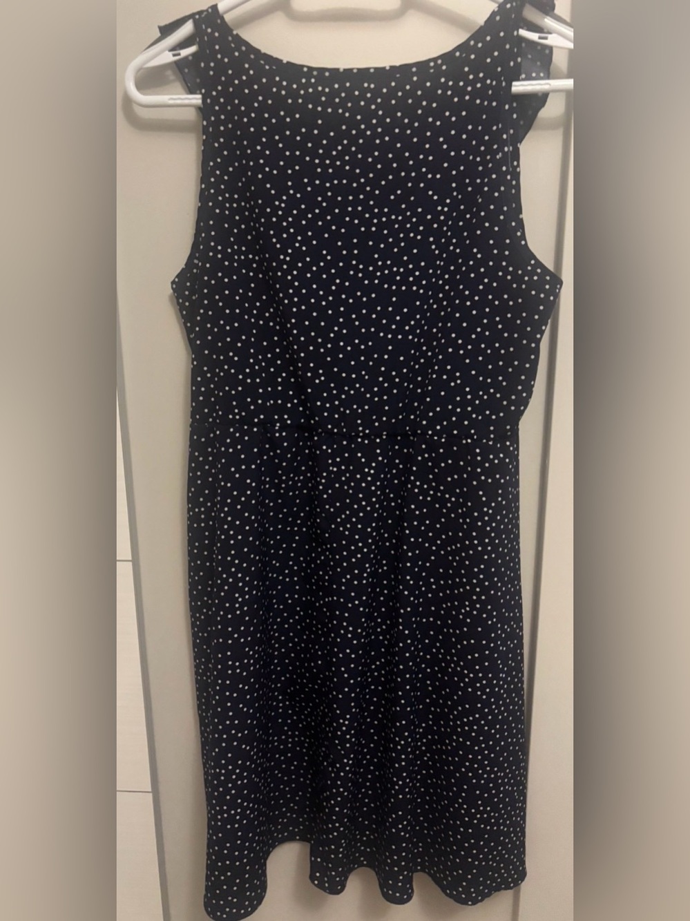 Navy Polka Dot Ruffle Front Dress - Picture 2 of 3